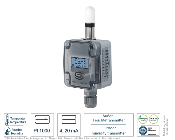 Außen-Feuchtetransmitter mit Display 4-20 mA Vorderansicht